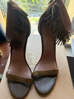 Joie Olive Suede Fringe Ankle-Strap Heels
